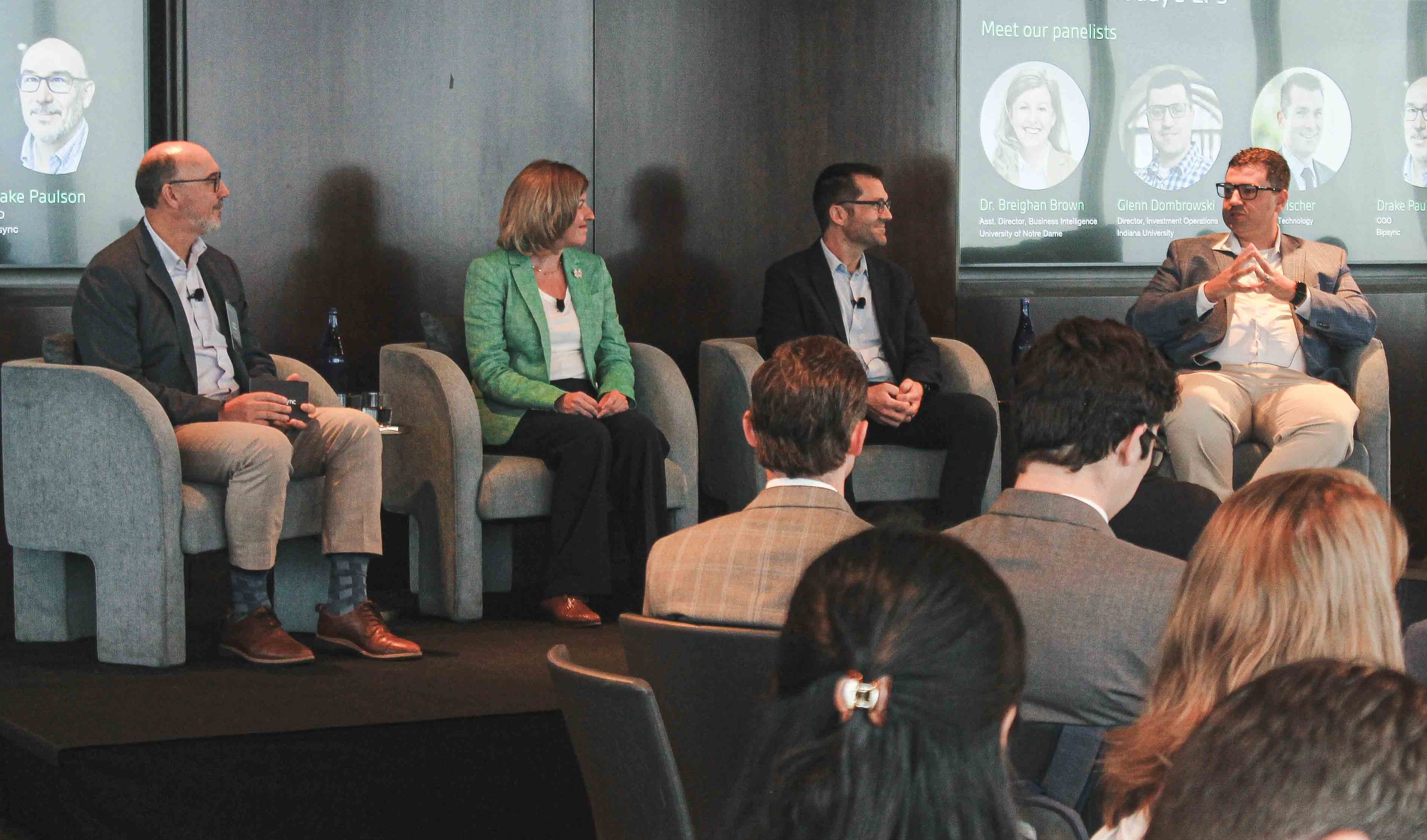 Industry panel featuring Dr. Breighan Brown (NDIO), Blake Fischer (UVIMCO), and Glenn Dombrowski (University of Indiana)